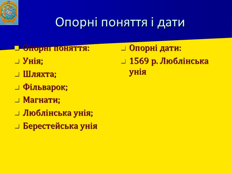 Опорні поняття і дати Опорні поняття: Унія; Шляхта; Фільварок; Магнати; Люблінська унія; Берестейська унія